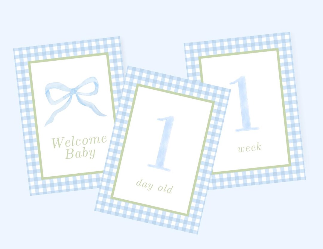 Green and Blue Gingham Baby Monthly Milestone Cards (instant Download ...