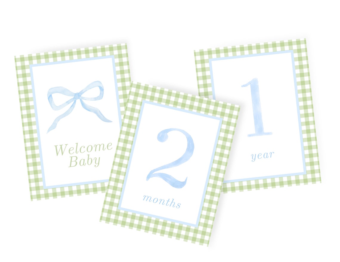 Blue and Green Gingham Watercolor Monthly Milestone Cards | Baby ...