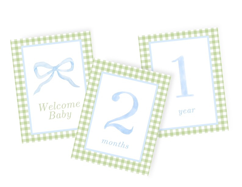 Blue and Green Gingham Watercolor Monthly Milestone Cards | Baby ...