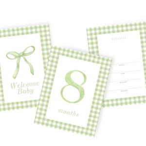 Cartes d'étape mensuelles vert sauge | Vichy vert | Aquarelle sauge | Cadeau pour chambre d'enfant ou shower de bébé | Téléchargement instantané