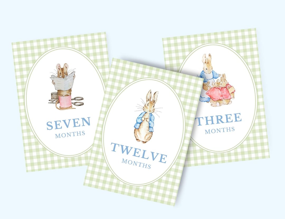 Beatrix Potter Monthly Milestone Cards | Sage Green Gingham | Classic ...