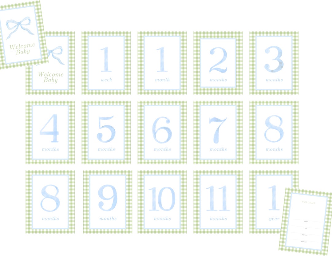 Blue and Green Gingham Watercolor Monthly Milestone Cards | Baby ...
