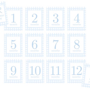 Tarjetas de hitos mensuales azul polvoriento / Gingham azul clásico / Guardería para bebés o regalo de ducha / Descarga instantánea