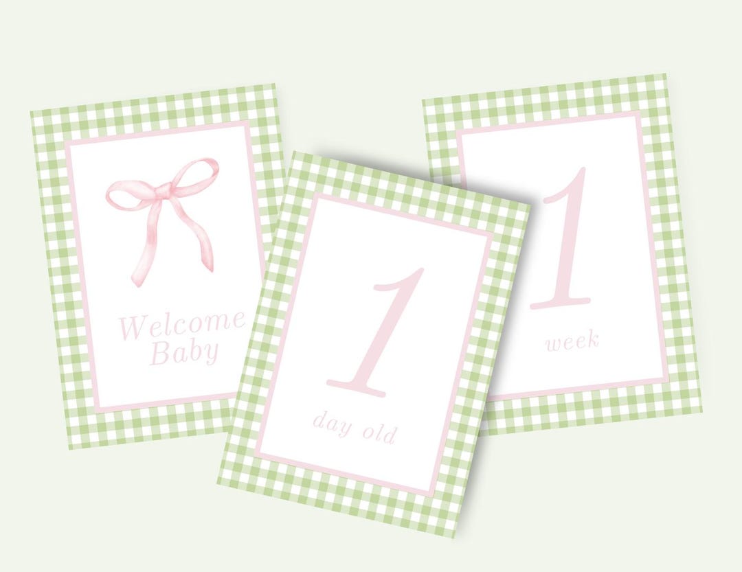 Pink & Green Gingham Baby Milestone Cards (instant Download) - Etsy