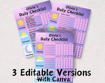Editable kids chore chart, Kids daily checklist canva, Editable responsibility chart, Personalized Allowance chart, Behavior reward chart
