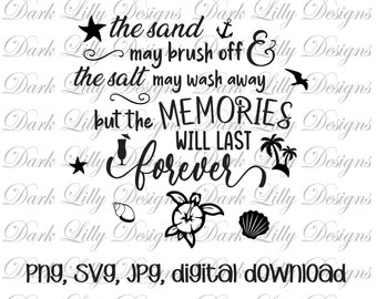 Könnte beinhalten: Schwarzweißes Grafikdesign mit dem Text "The sand may brush off & the salt may wash away but the memories will last forever". Das Design enthält einen Stern, einen Anker, eine Palme, eine Möwe, eine Muschel und eine Schildkröte.