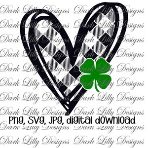 St. Patrick&#39;s Day svg, St. Patrick&#39;s Day png, Plaid Heart with Shamrock svg, Lucky heart svg, sublimation instant download, svg cutting file