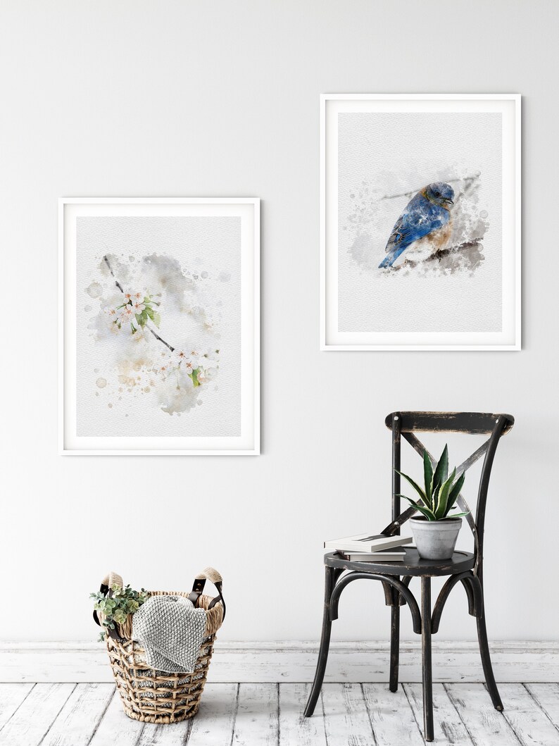 Instant Download Blue Bird and flowers Watercolor Wall Art Prints