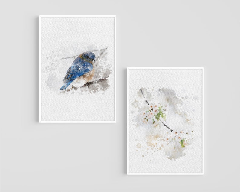 Instant Download Blue Bird and flowers Watercolor Wall Art Prints