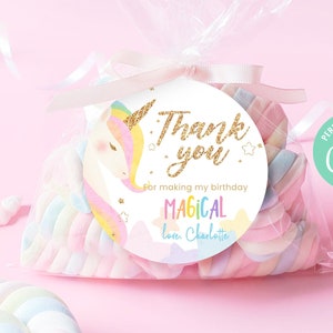 Editable Unicorn Birthday Thank You Favor Tag Template Instant Download, Printable Custom Magical Birthday, Gold Glitter Unicorn Horn, BD012