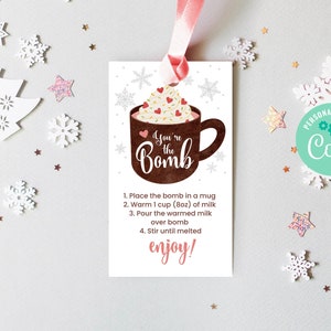 Editable Hot Chocolate Bomb Tag Template Instant Download, Printable Custom Hot Cocoa Bomb Instruction Tag, Holiday Winter Christmas, HD001