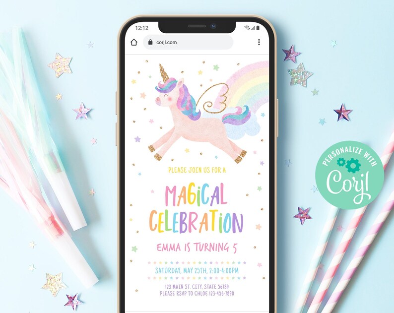 Editable Unicorn Birthday Evite Template Instant Download Smartphone Electronic Invitation EviteGold Glitter Magical Birthday
