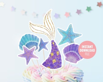 Printable Mermaid Birthday Cake Topper Instant Download, Under The Sea Summer Pool Party, Purple Gold Glitter Centerpiece Decoration, BD011