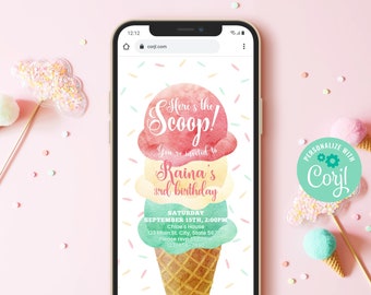 Editable Ice Cream Birthday Evite Template Instant Download, Smartphone Electronic Invitation Evite, Here's The Scoop Ice Cream Cone, BD022