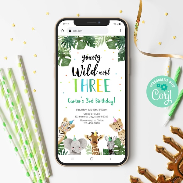 Editable Young Wild And Three Birthday Evite Template Instant Download, Smartphone Electronic Invitation, Jungle Safari Animals Party, BD010