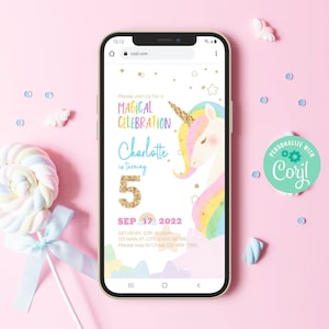 Editable Unicorn Birthday Invitation, Digital Mobile Electronic Evite, Magical Rainbow Unicorn Theme Birthday Party For Kids Template, BD012