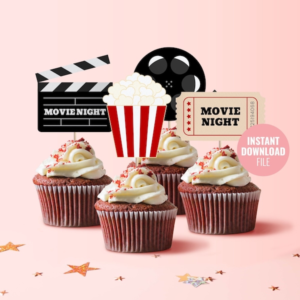 Printable Movie Night Birthday Cupcake Topper Instant Download, Birthday Party Decorations, Backyard Movie Sleepover Party Topper, BD001