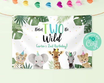 Editable Born Two Be Wild Birthday Backdrop Welcome Banner Instant Download, Printable Custom Safari Tropical Jungle Animals Party, BD010