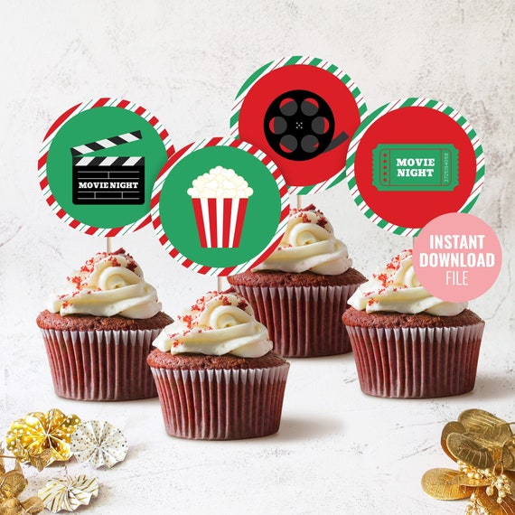 Printable Christmas Movie Night Cupcake Topper Instant Download