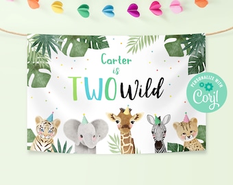 Editable Two Wild Birthday Backdrop Welcome Banner Instant Download, Printable Custom Jungle Safari Theme Party, Wild Animal Sign,BD010