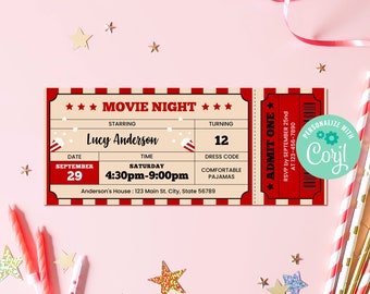 Editable Movie Night Birthday Invitation Template Instant Download, Printable Custom Movie Ticket, Backyard Movie Sleepover Party, BD001