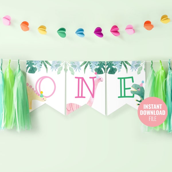 Printable Dinosaur First Birthday ONE Banner Instant Download, Dinosaur Theme Party, Tyrannosaurus T-Rex Birthday Decoration Banner, BD015