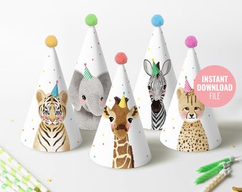 Printable Party Animals Birthday Hat Instant Download, Jungle Safari Theme Party Hat, Wild One Animal Birthday Decoration DIY Hat, BD009