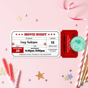 Editable Movie Night Birthday Invitation Template Instant Download, Printable Custom Movie Ticket, Backyard Movie Sleepover Party, BD001 image 1
