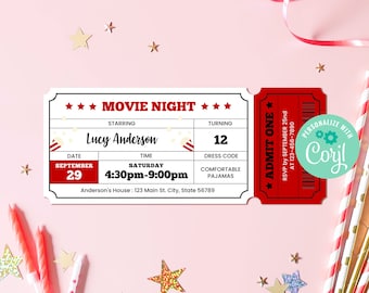 Editable Movie Night Birthday Invitation Template Instant Download, Printable Custom Movie Ticket, Backyard Movie Sleepover Party, BD001