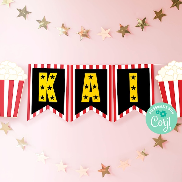 Editable Movie Night Custom Name Birthday Banner Instant Download, Printable Custom Cinema Popcorn, Backyard Movie Sleepover Party, BD001