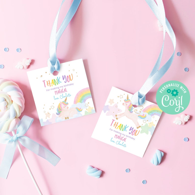Editable Unicorn Birthday Thank You Favor Tag Template Instant - Etsy
