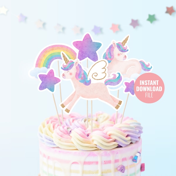 Printable Unicorn Birthday Cake Topper Instant Download, Magical Birthday Party, Gold Glitter Unicorn Horn Centerpiece Decoration, BD002
