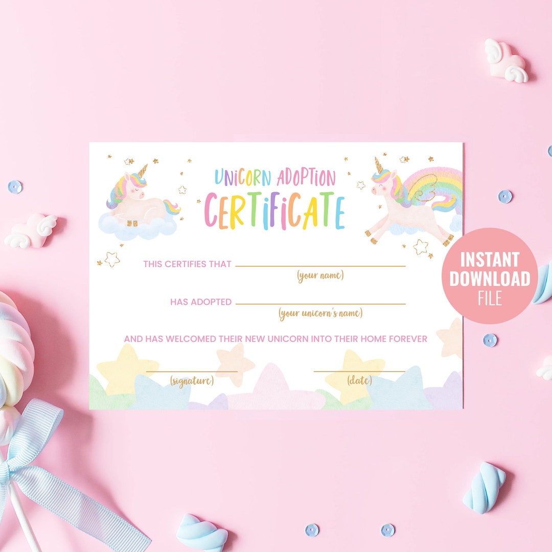 Printable Unicorn Adoption Certificate Instant Download, Magical ...