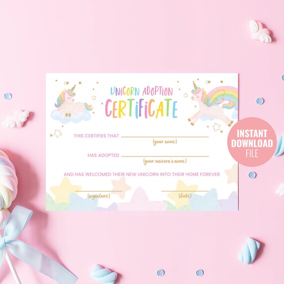 Printable Unicorn Adoption Certificate Instant Download - Etsy