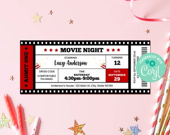 Editable Movie Night Birthday Invitation Template Instant Download, Printable Custom Movie Ticket, Backyard Movie Sleepover Party, BD001