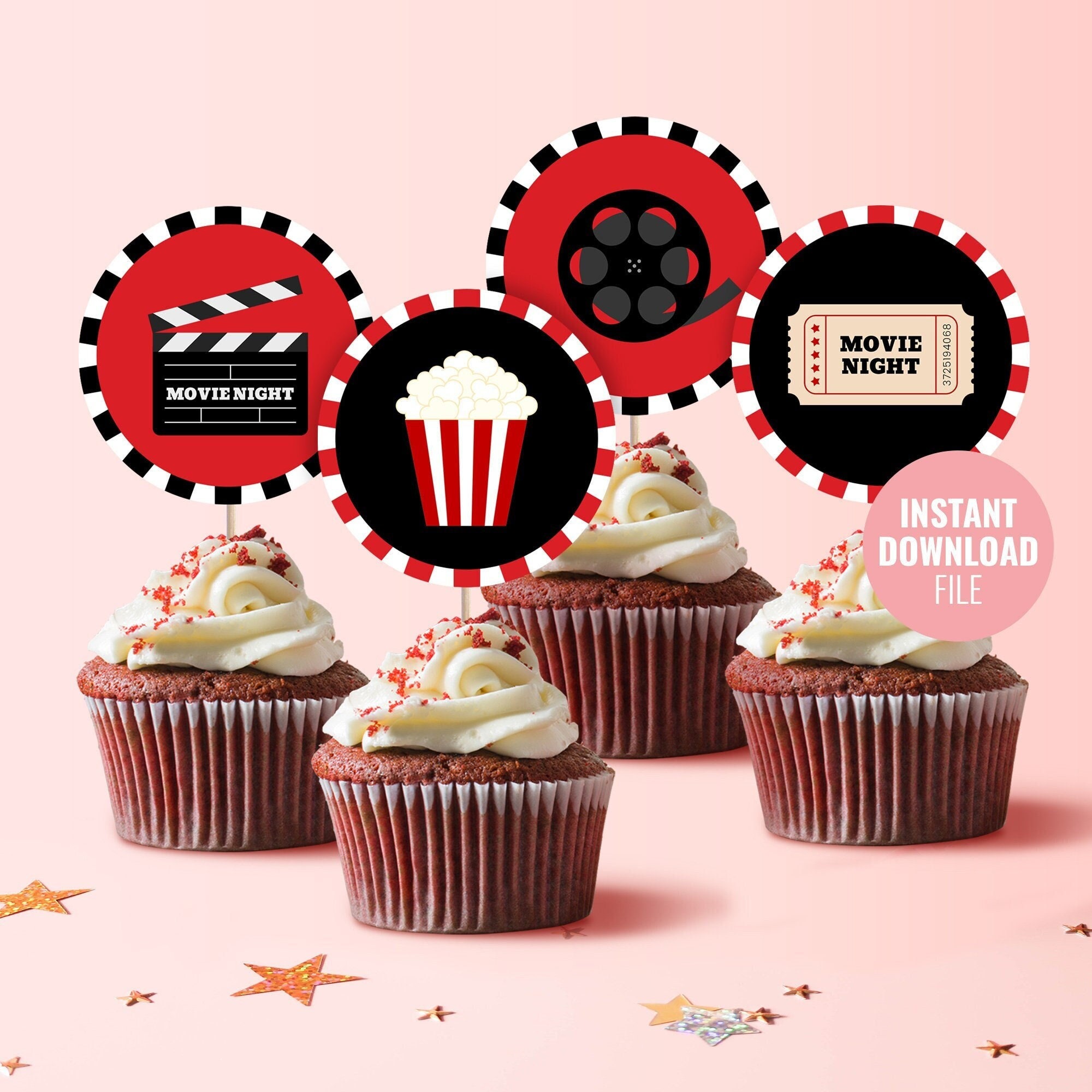 Printable Movie Night Birthday Cupcake Topper Instant Download