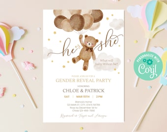 Editable Teddy Bear Gender Reveal Invitation, Gender Neutral Baby Shower Digital Invitation, Balloons Teddy Bear Theme Party Template, BS043