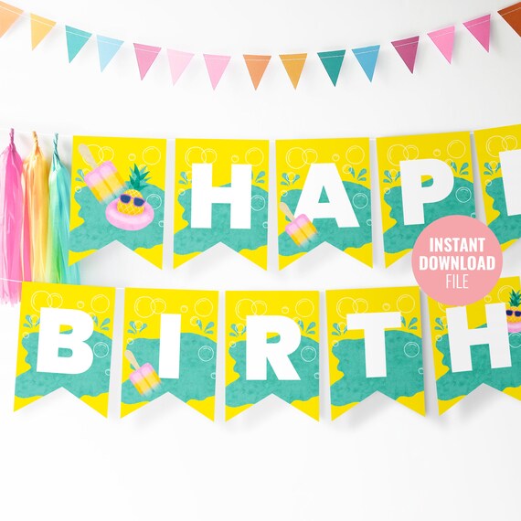 Printable Pool Party Birthday Banner Instant Download | Etsy