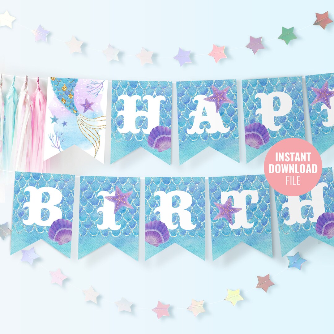 Printable Mermaid Birthday Banner Template Instant Download, Custom Under the Sea Summer Pool ...
