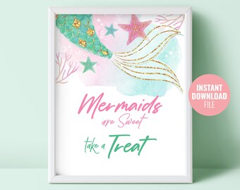 Printable Mermaid Birthday Sign Instant Download, Custom Under The Sea Summer Pool Party, Gold Glitter Mermaid Table Decoration Sign, BD007