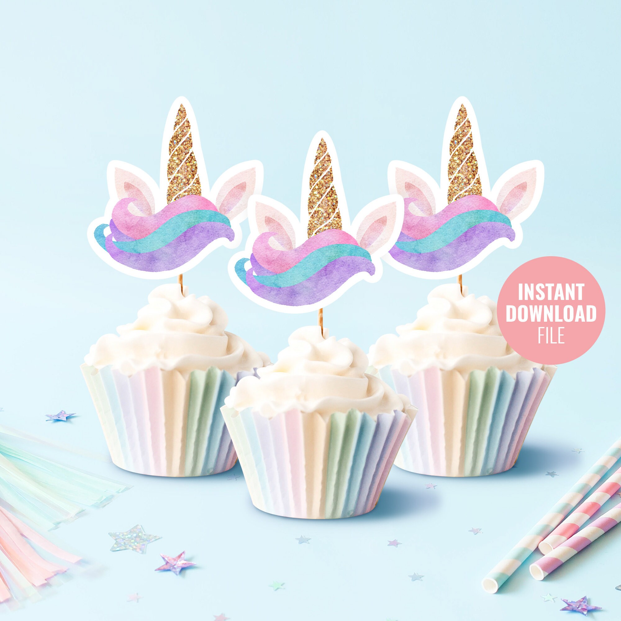 Printable Unicorn Birthday Cupcake Topper Instant Download Custom Magical Birthday PartyGold Glitter Unicorn Horn Decoration