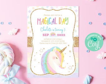 Editable Unicorn Birthday Invitation Template Instant Download, Printable Custom Magical Birthday Party, Gold Glitter Rainbow Unicorn, BD012