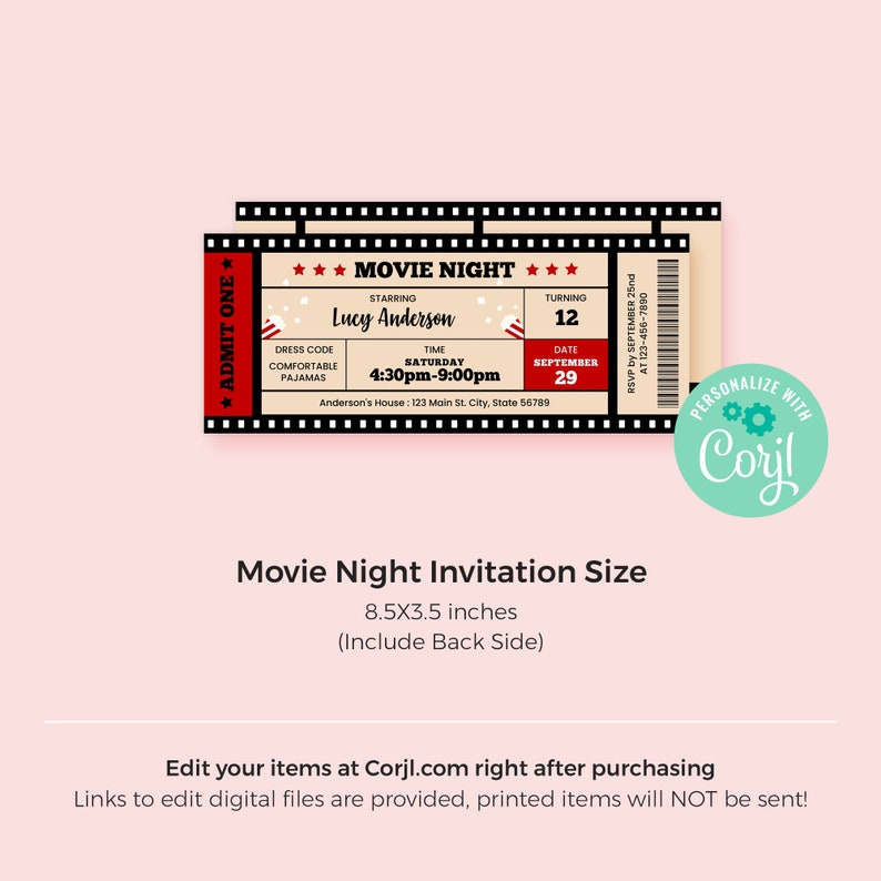 Editable Movie Night Birthday Invitation Template Instant Download, Printable Custom Movie Ticket, Backyard Movie Sleepover Party, BD001 image 2