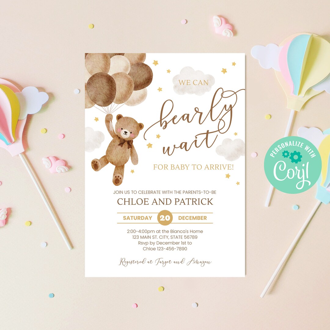 Editable Teddy Bear Baby Shower Invitation, We Can Bearly Wait Baby ...