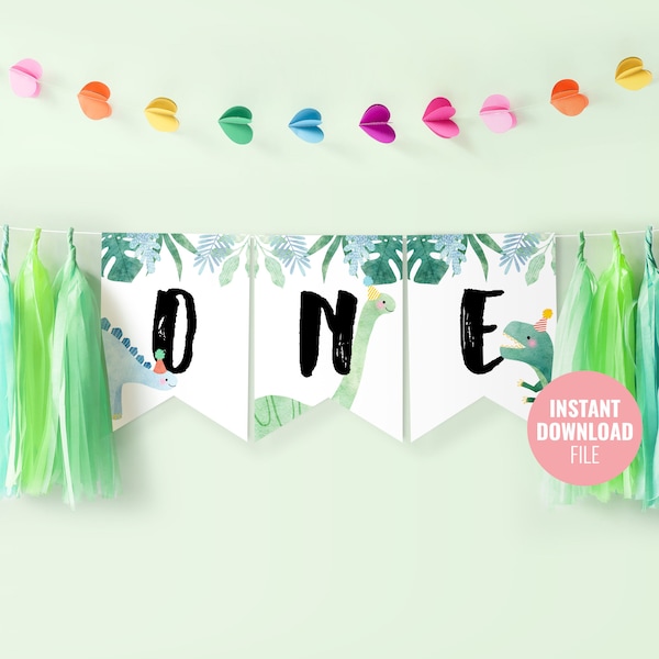 Printable Dinosaur First Birthday ONE Banner Instant Download, Dinosaur Theme Party, Tyrannosaurus T-Rex Birthday Decoration Banner, BD013