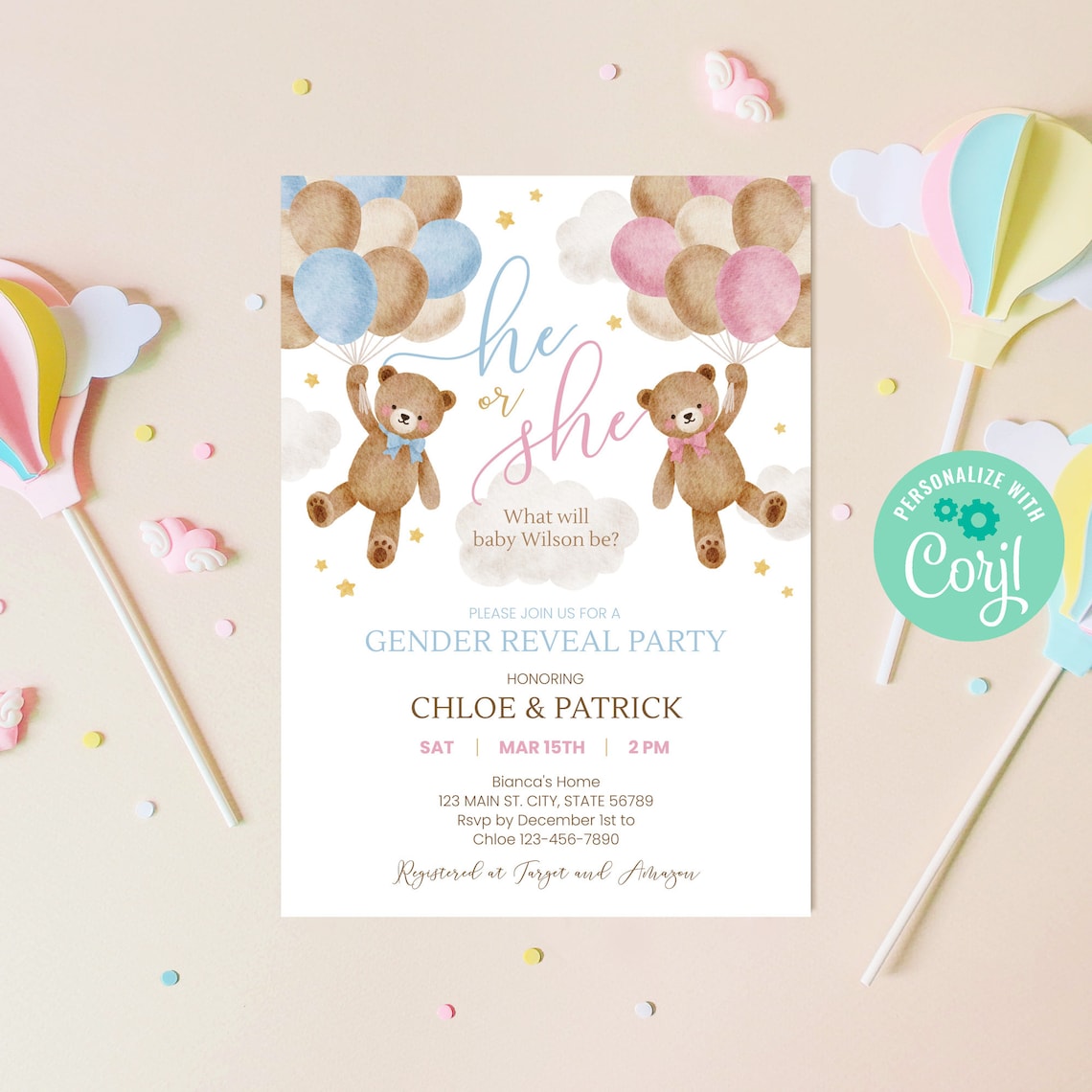 Editable Teddy Bear Gender Reveal Invitation Gender Neutral Etsy