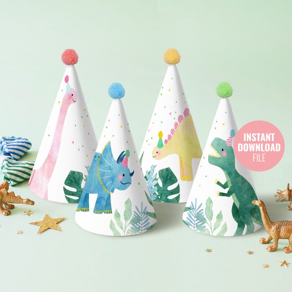 Chapeau imprimable de fête d'anniversaire de dinosaure Téléchargement instantané, partie de thème de dinosaure, décoration d'anniversaire de Tyrannosaurus Stegosaurus Dino, BD015