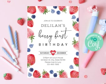 Editable Strawberry Birthday Invitation, Berry First Birthday Digital Invitation, Berry Sweet Strawberry Theme Party Template, BD029