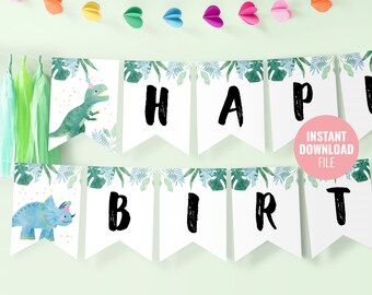 Printable Dinosaur Happy Birthday Banner Template Instant | Etsy