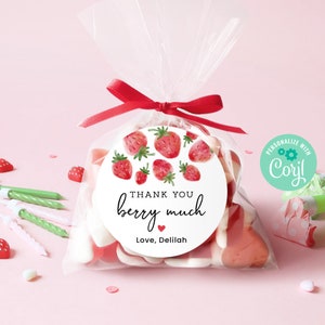 Editable Strawberry Birthday Thank You Favor Tag, Berry First Strawberry Theme Party For Kids, Berry Sweet Birthday Gift Decoration, BD027